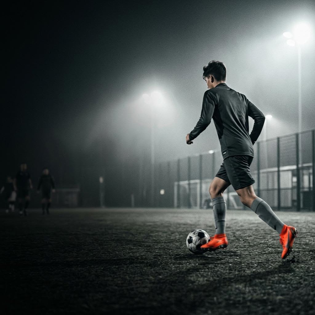 Youth soccer player sprinting with the ball under evening floodlights