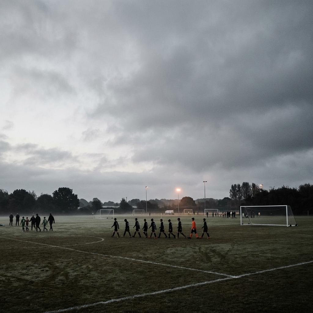 Youth soccer players entering a tournament field in the morning
